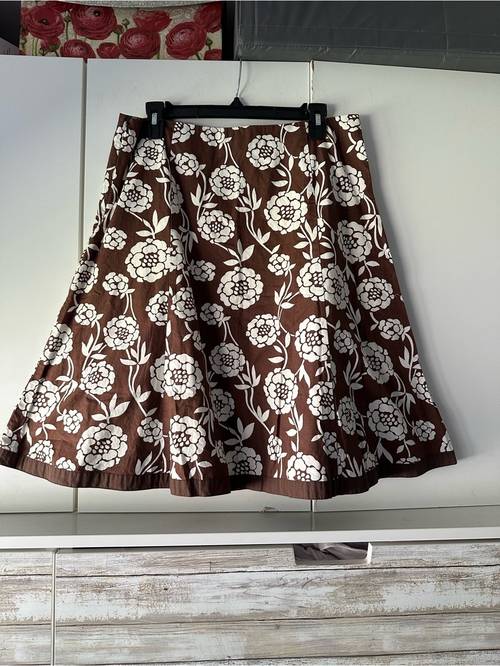 🌸 Boden Brown Cream Floral Cotton A-Line Skirt US 10 UK 14